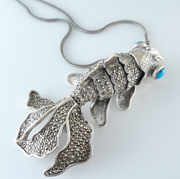 Gold Fish Marcasite and Turquoise Necklace - Picture 8 of 11